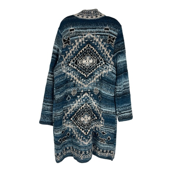 J. Jill  Sz XL Wool Blend Cardigan Duster Chunky Fair Isle Jacquard Blue - Picture 4 of 12